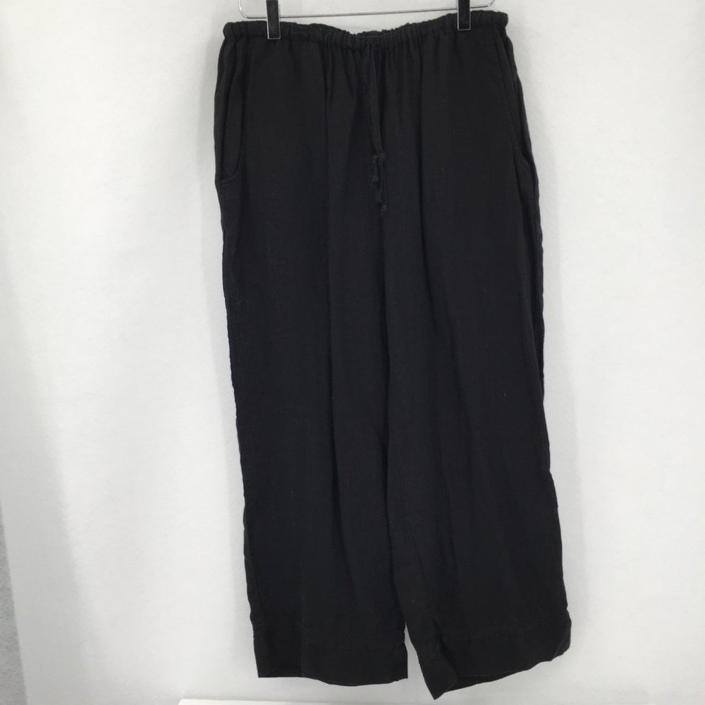 Flax Linen drawstring waist black crop pants wide leg elastic pocket Medium
